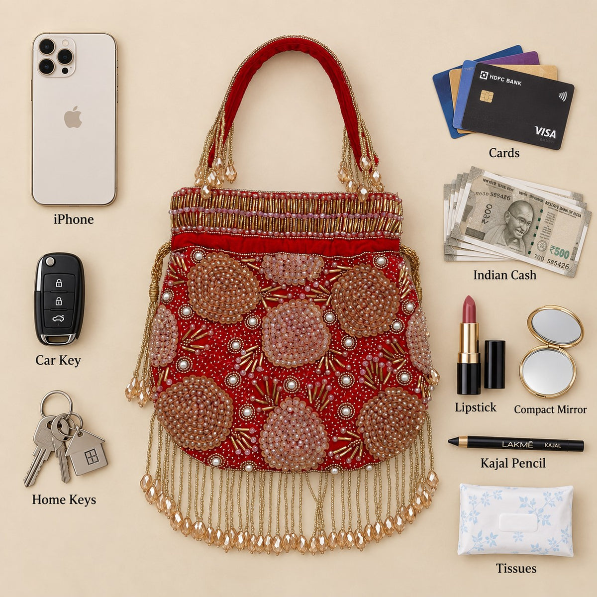 Red Floral Beaded Bridal potli