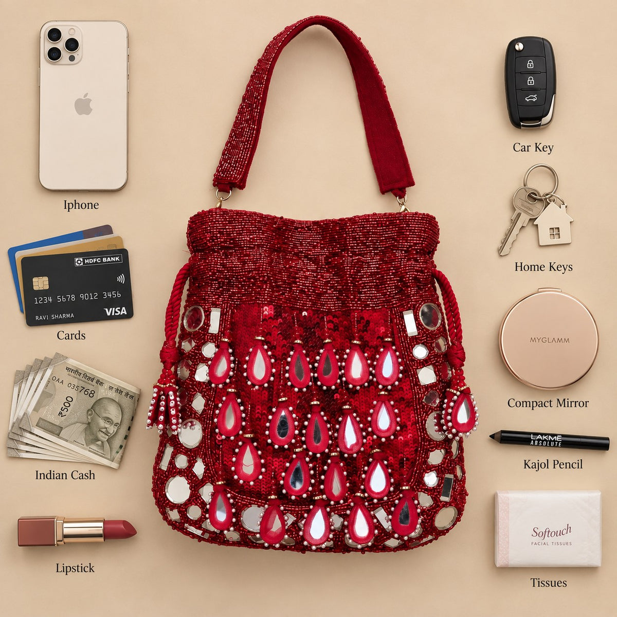 Ruby Beaded and Mirror work Potli