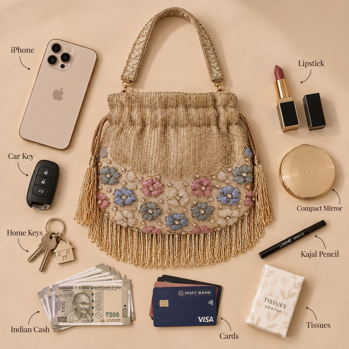 Golden Beaded Floral Fringe potli