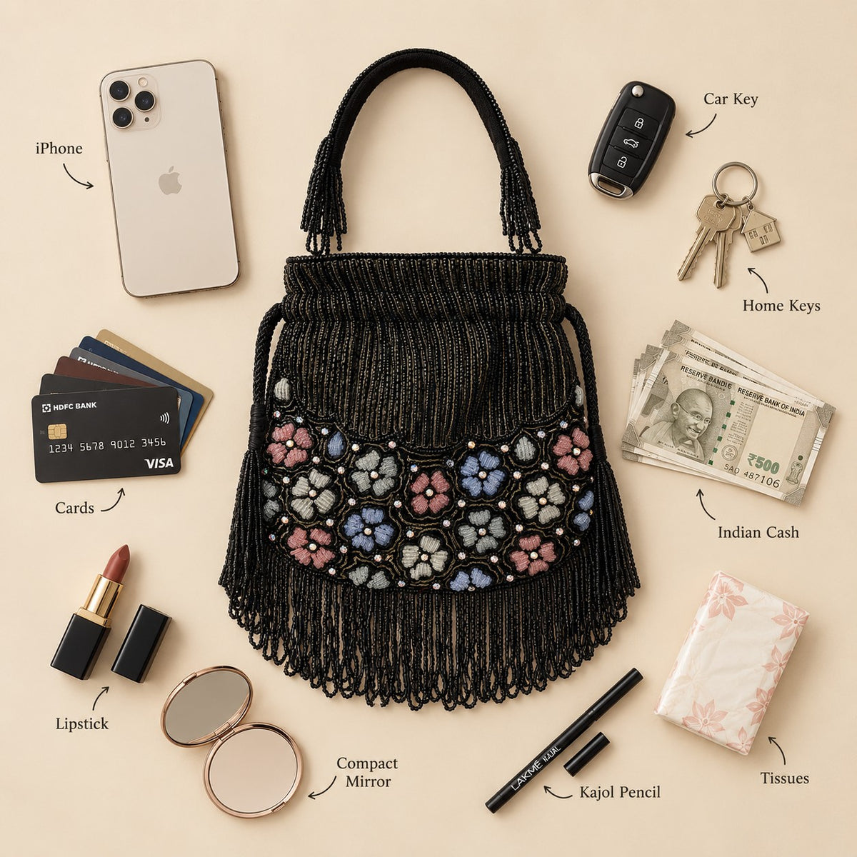 Black Beaded Floral Fringe potli