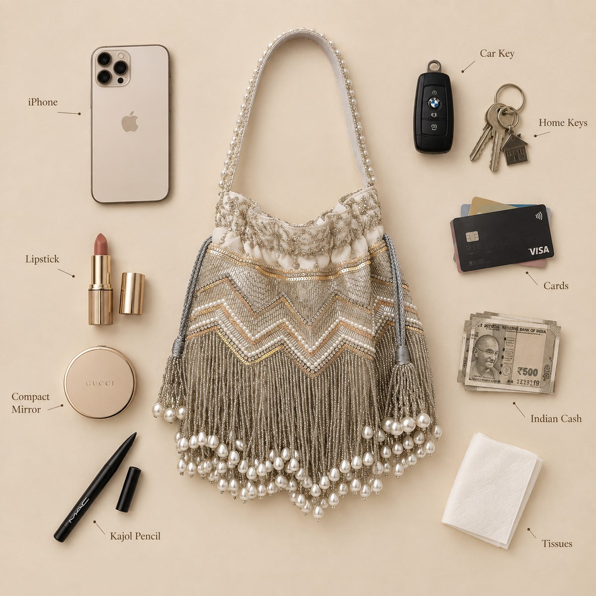 Silver Sequin and Pearl Fringe Potli