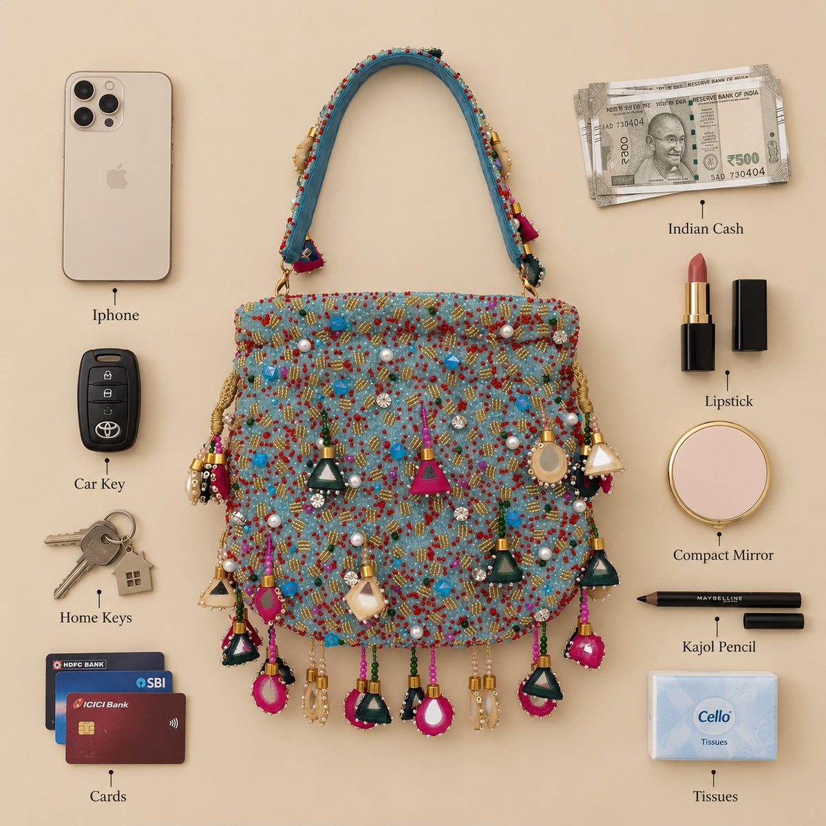 Embellished Turquoise Beaded Potli