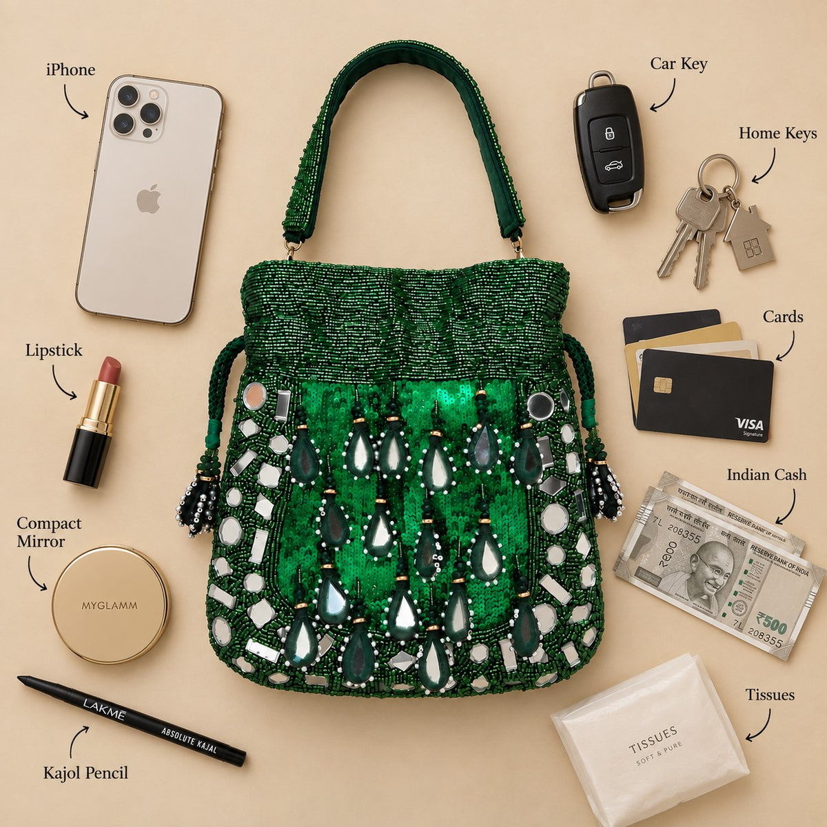 Emerald Green Beaded and Mirror work Potli