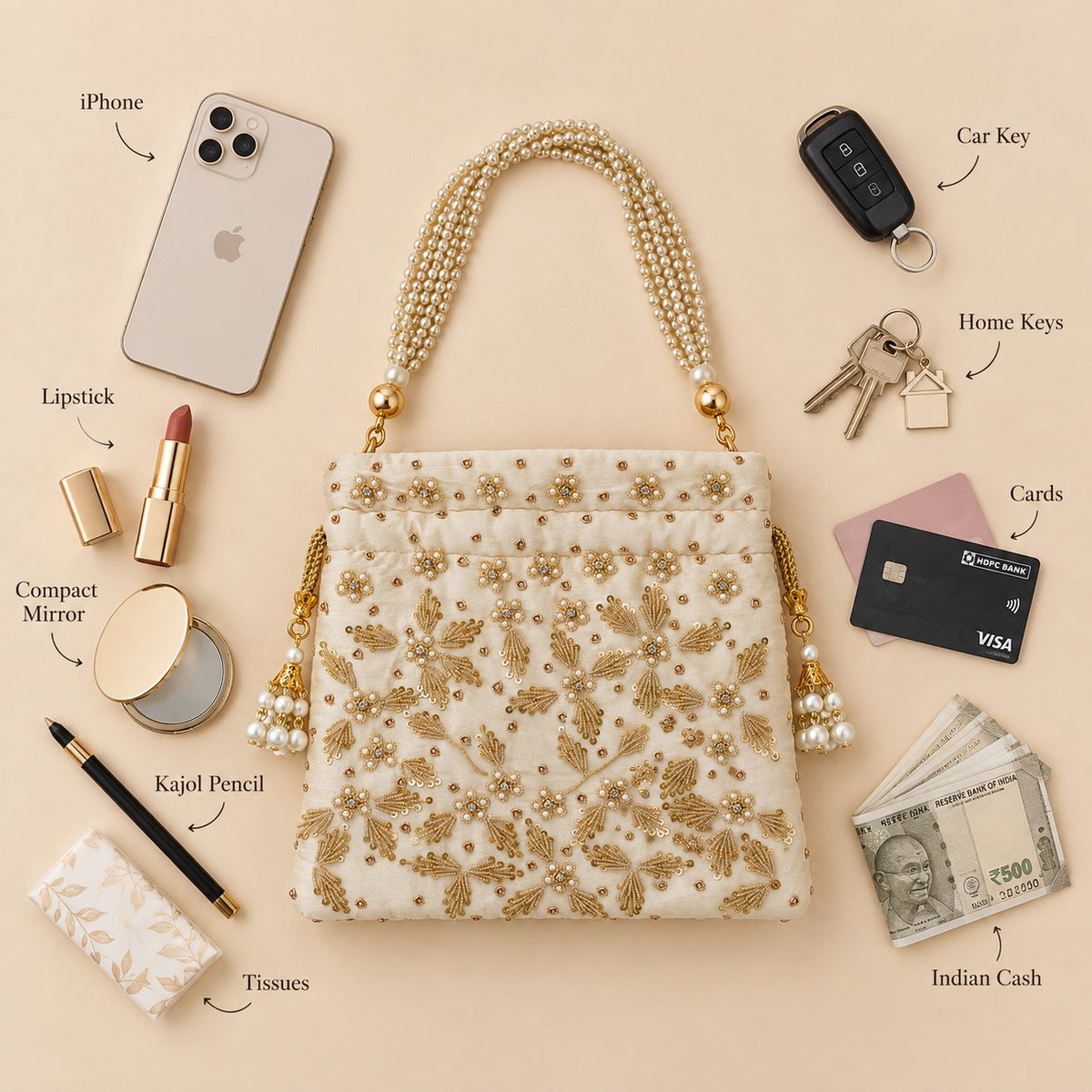 White Pearl and Zardozi-Embroidered Potli