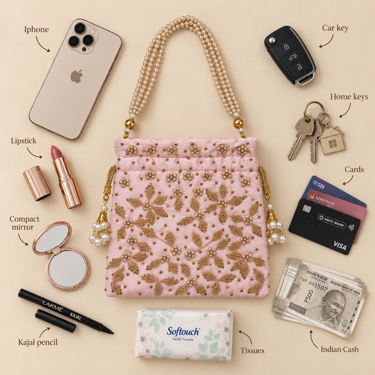 Pink Pearl and Zardozi-Embroidered Potli