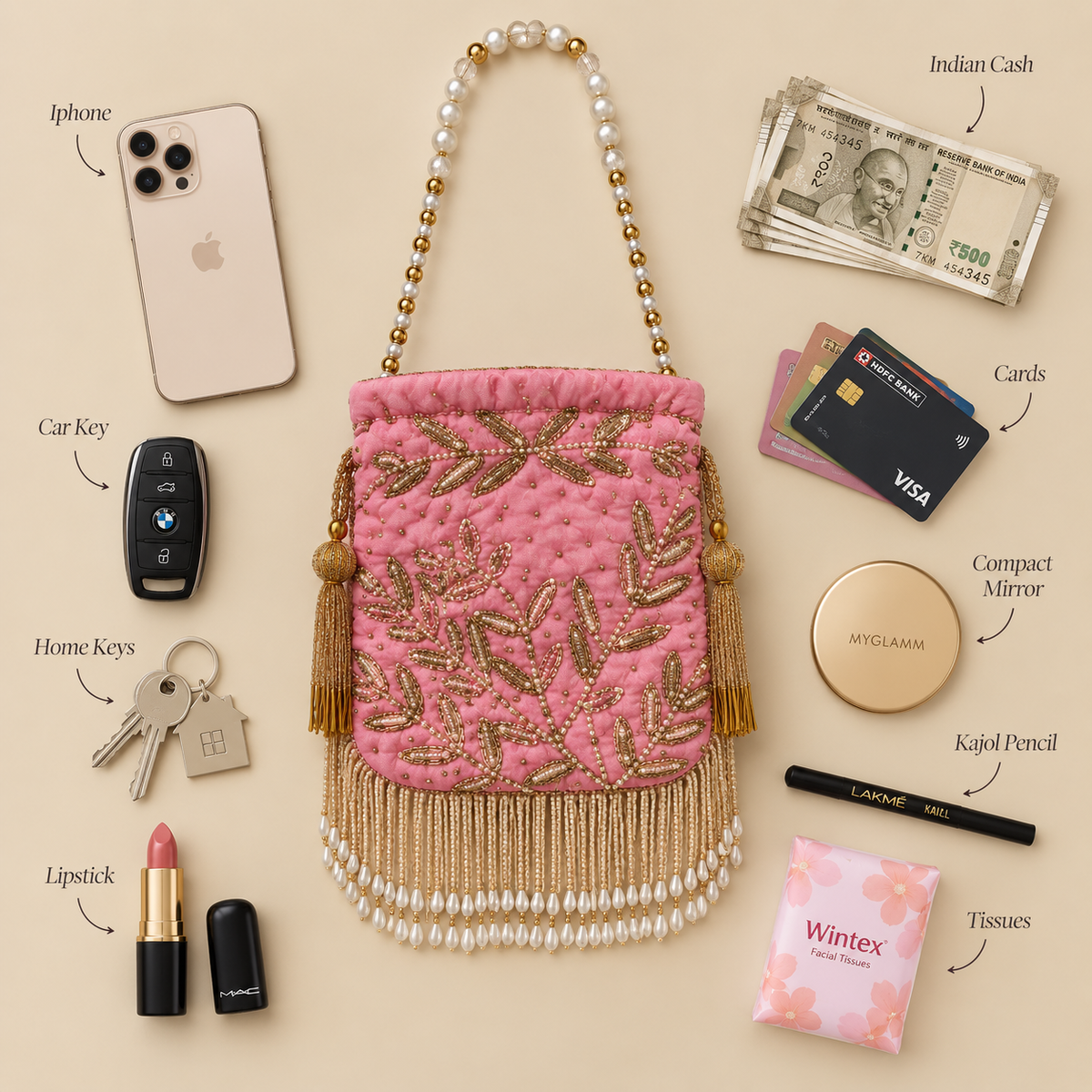 Pink Bead Embroidered Potli