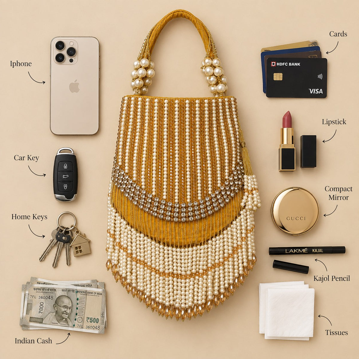 Pearl-Embellished Golden Bridal Potli