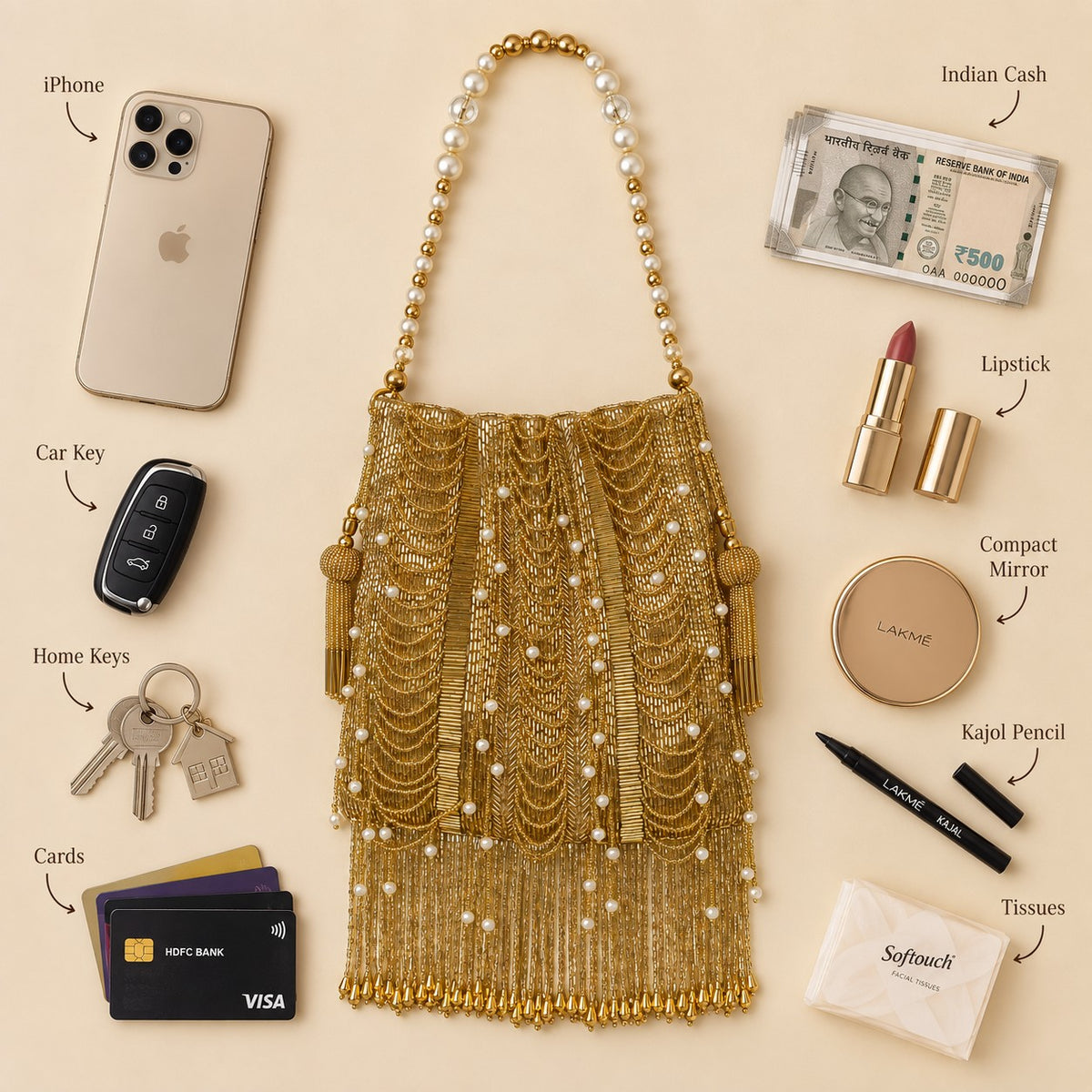 Golden Beaded Jhaller Bridal Potli