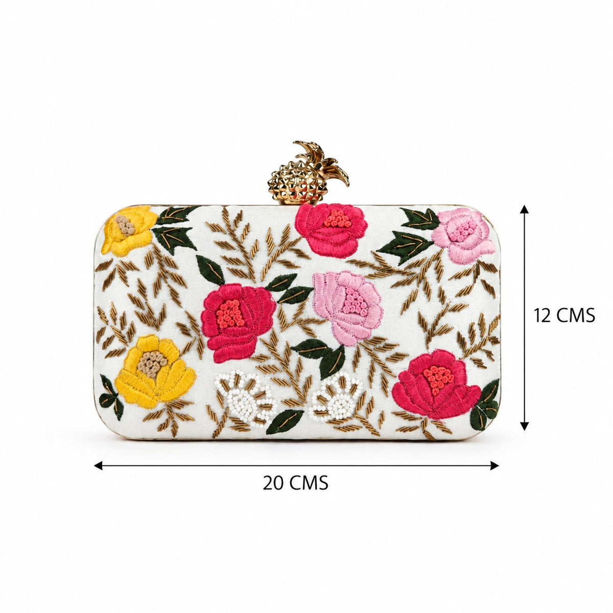 White Embroidered Floral Clutch