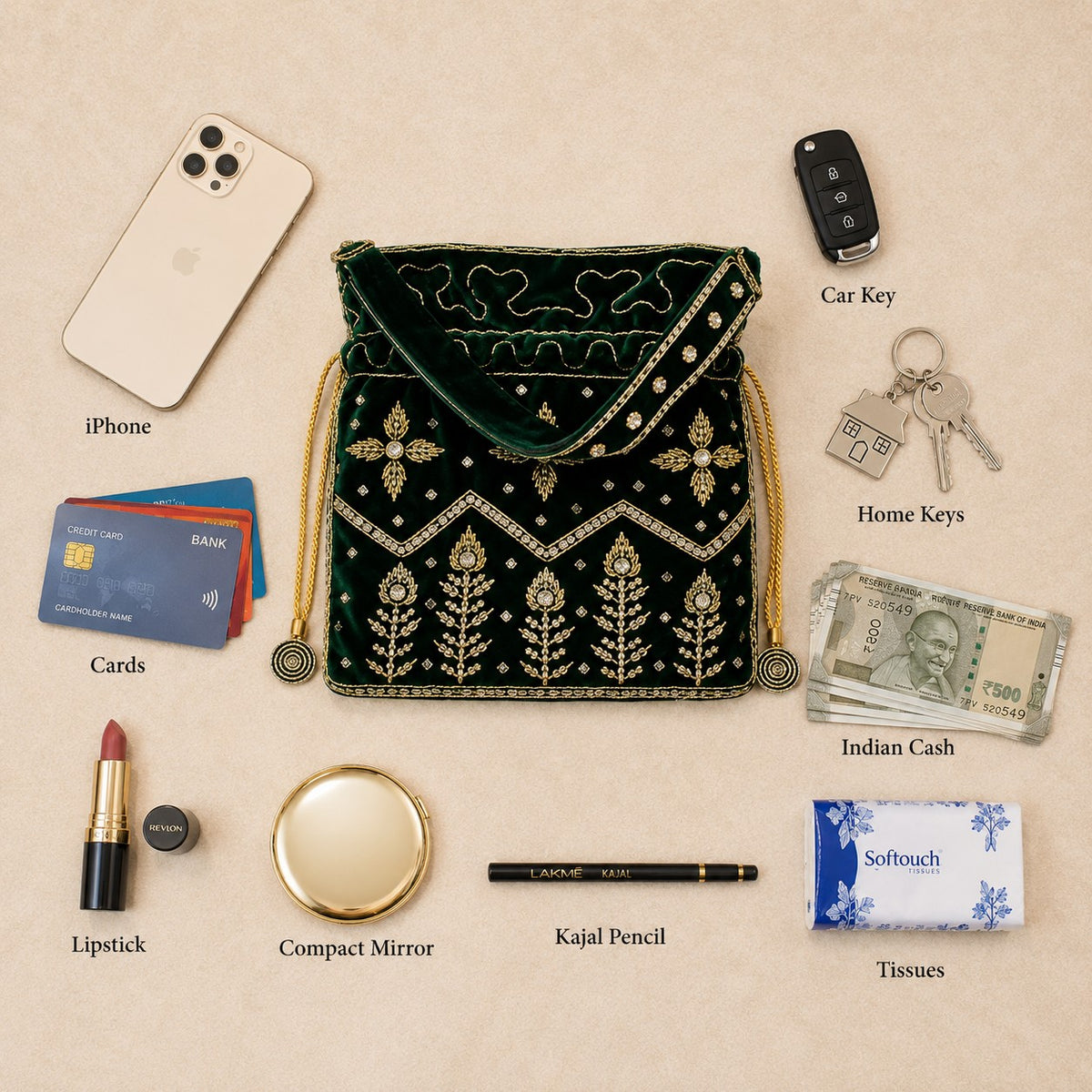 Emerald Gold Beaded Potli