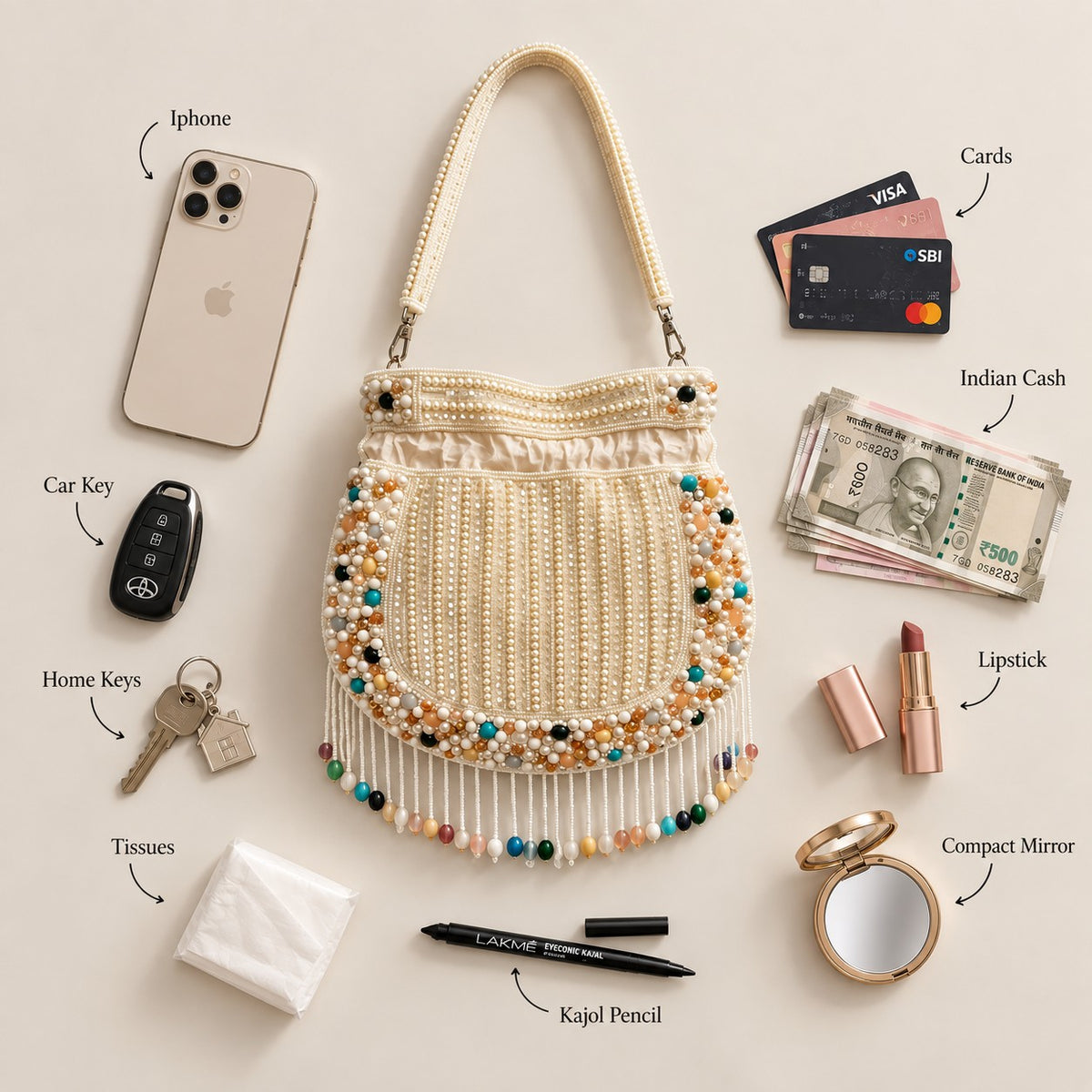 White Gemstone Fringe Potli