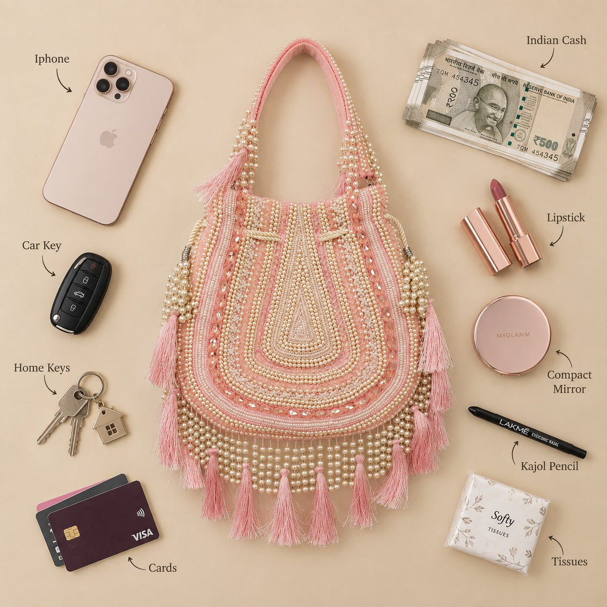 Ornate Pink Beaded Tassel Potli