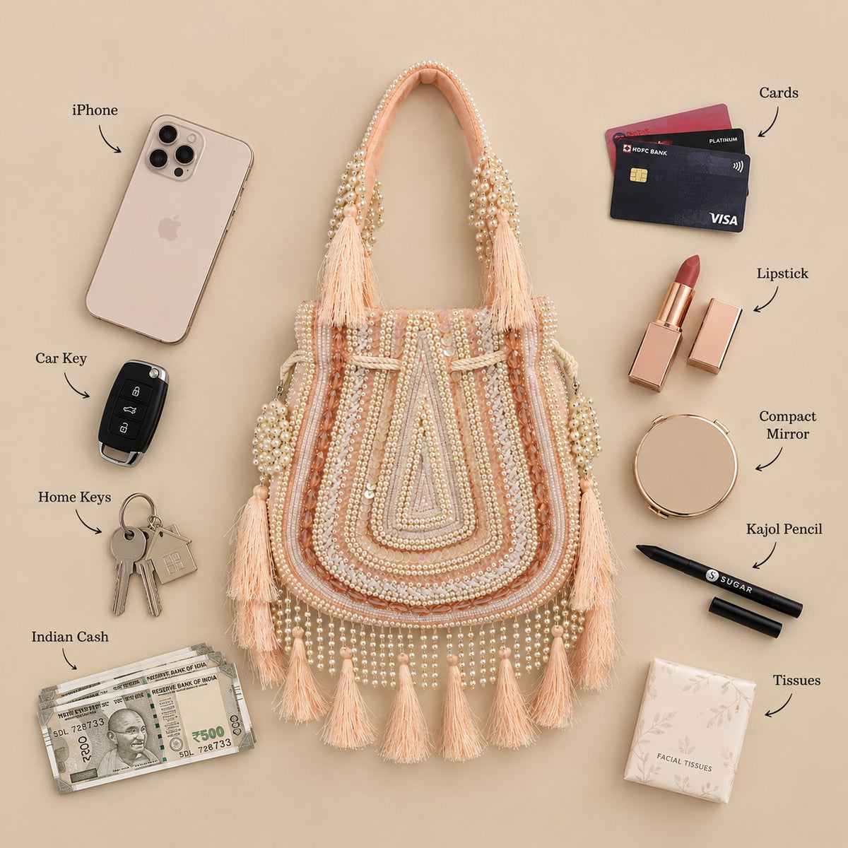 Peach Beaded Tassel Potli