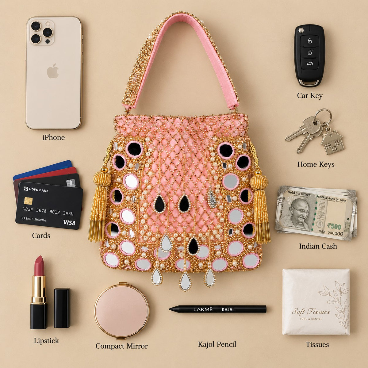 Luxurious Pink and Gold Mirror work Potli