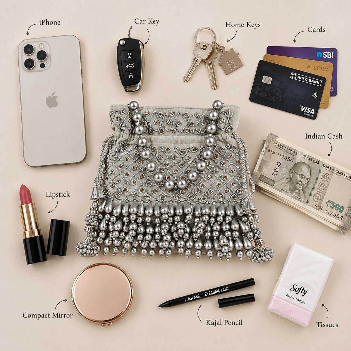 Silver Pearl Cascade Potli