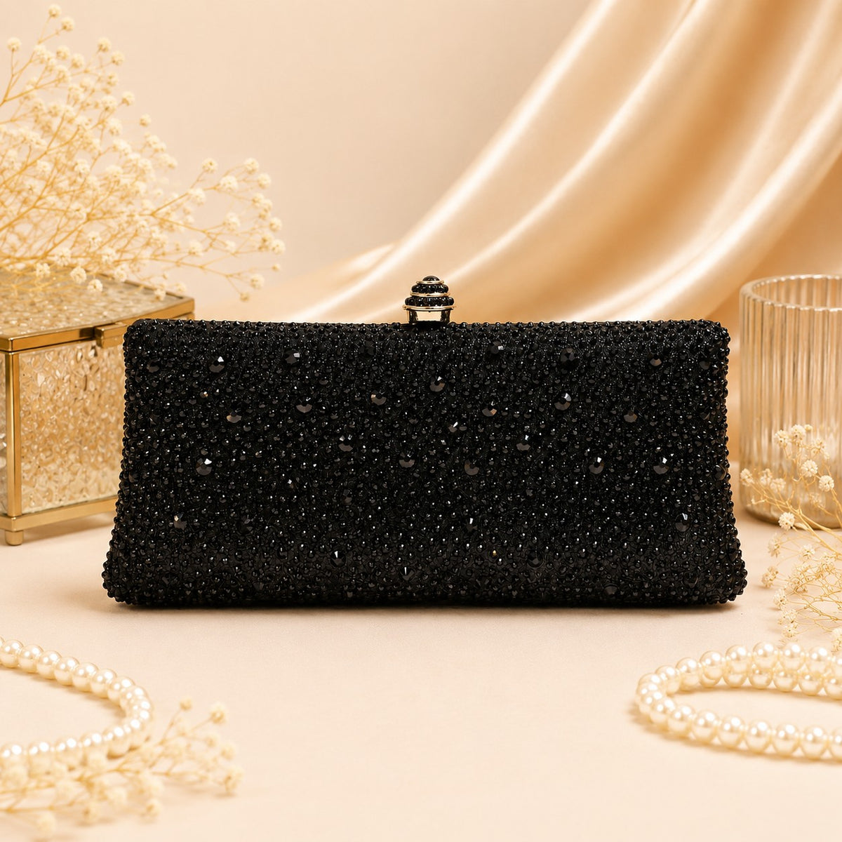 Midnight Black Crystal Clutch