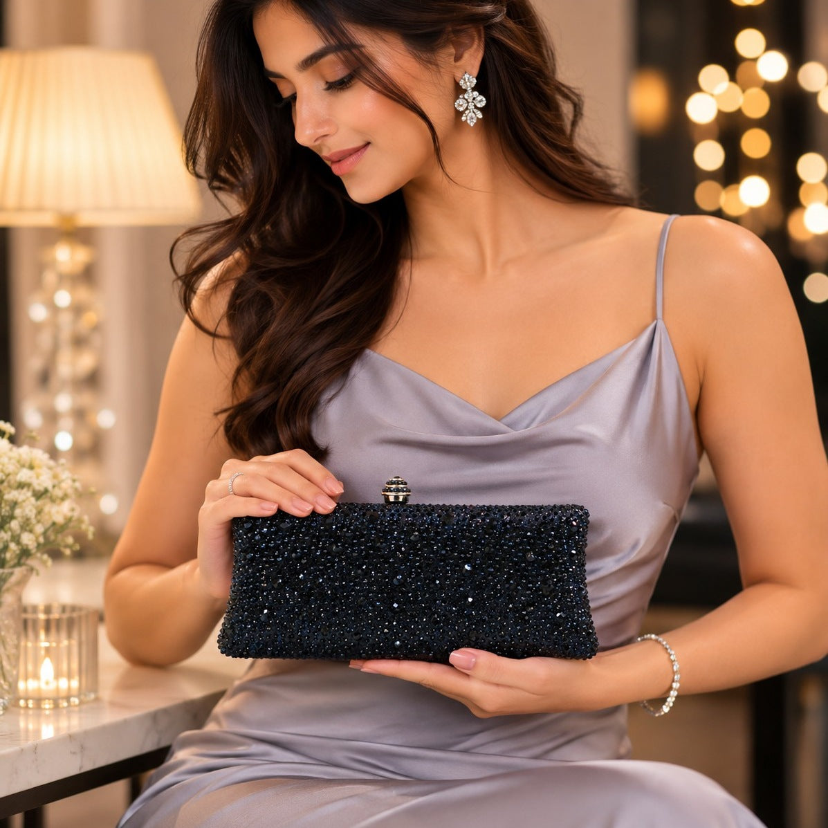 Midnight Black Crystal Clutch