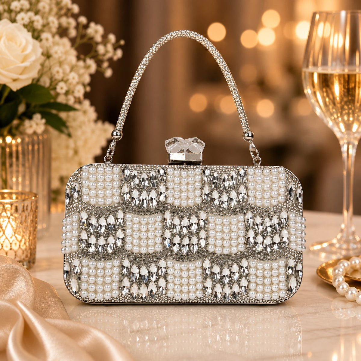 White and Silver Checkerboard Pearl Clutch