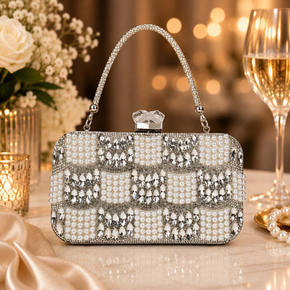 White and Silver Checkerboard Pearl Clutch