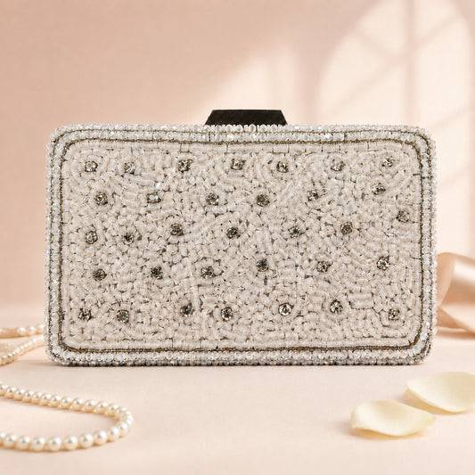 Silver Scatter Pearl Box Clutch