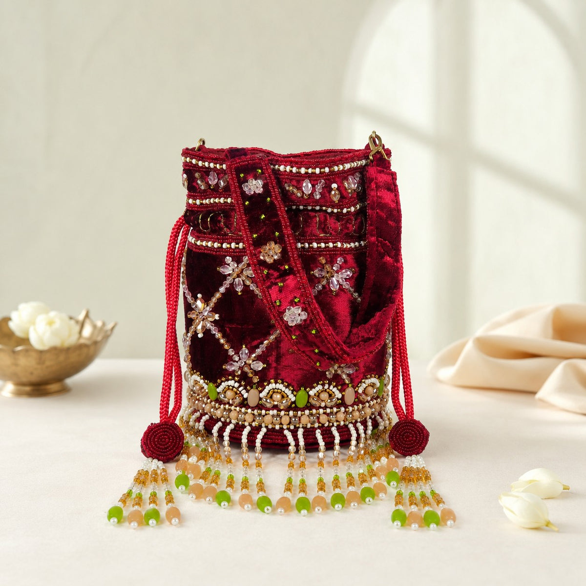 Maroon Bloom Beaded Potli