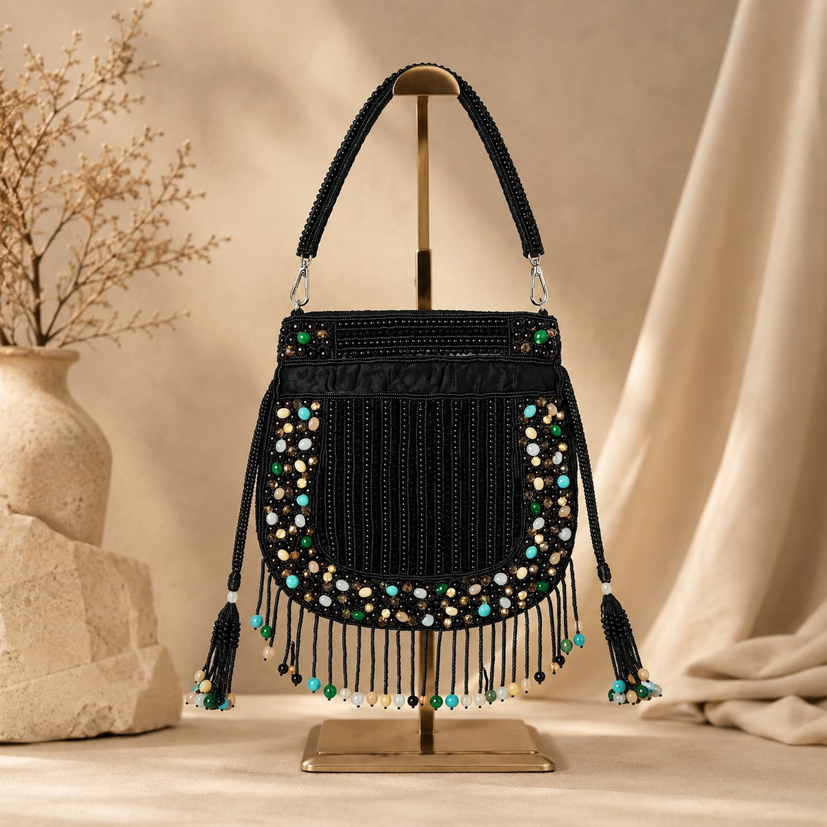 Noir Black Gemstone Fringe Potli