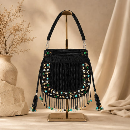 Noir Black Gemstone Fringe Potli