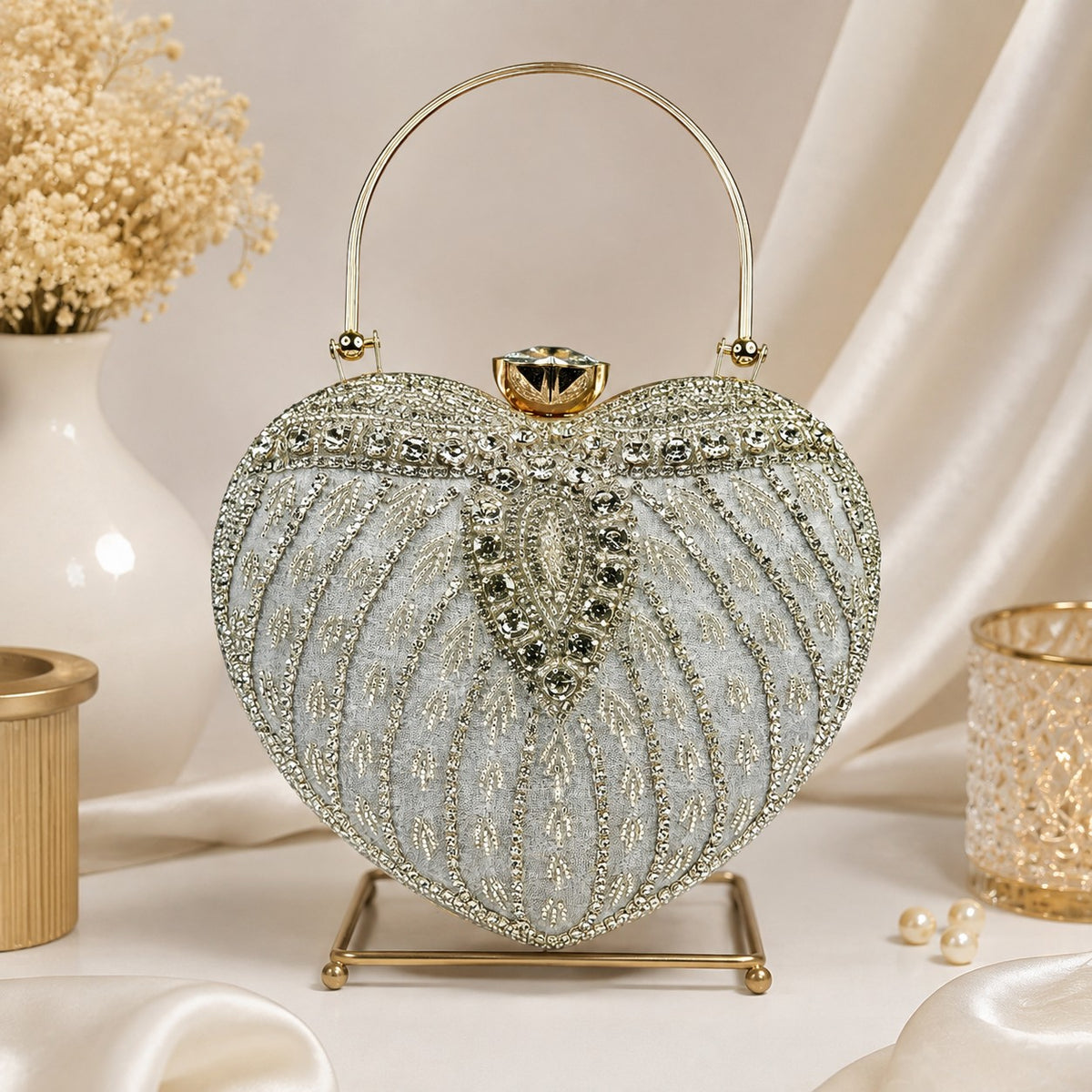 Silver Heart Crystal Clutch