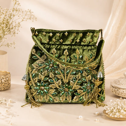 Emerald Green Zardozi Embroidered Potli