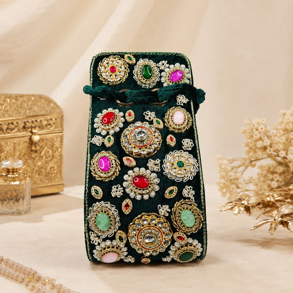 Emerald Green Kundan Jewel Potli