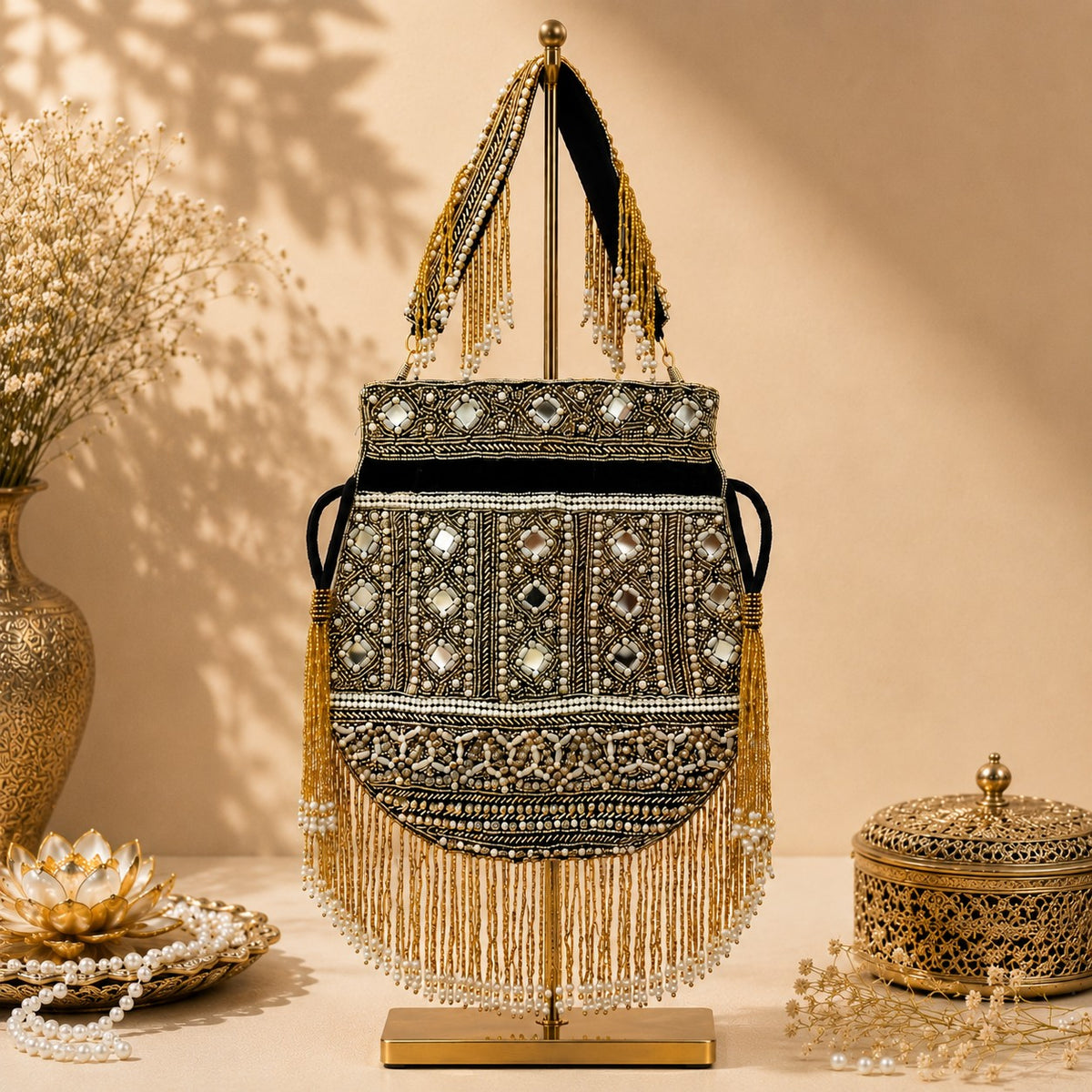 Noir Mirror-Work Beaded Potli