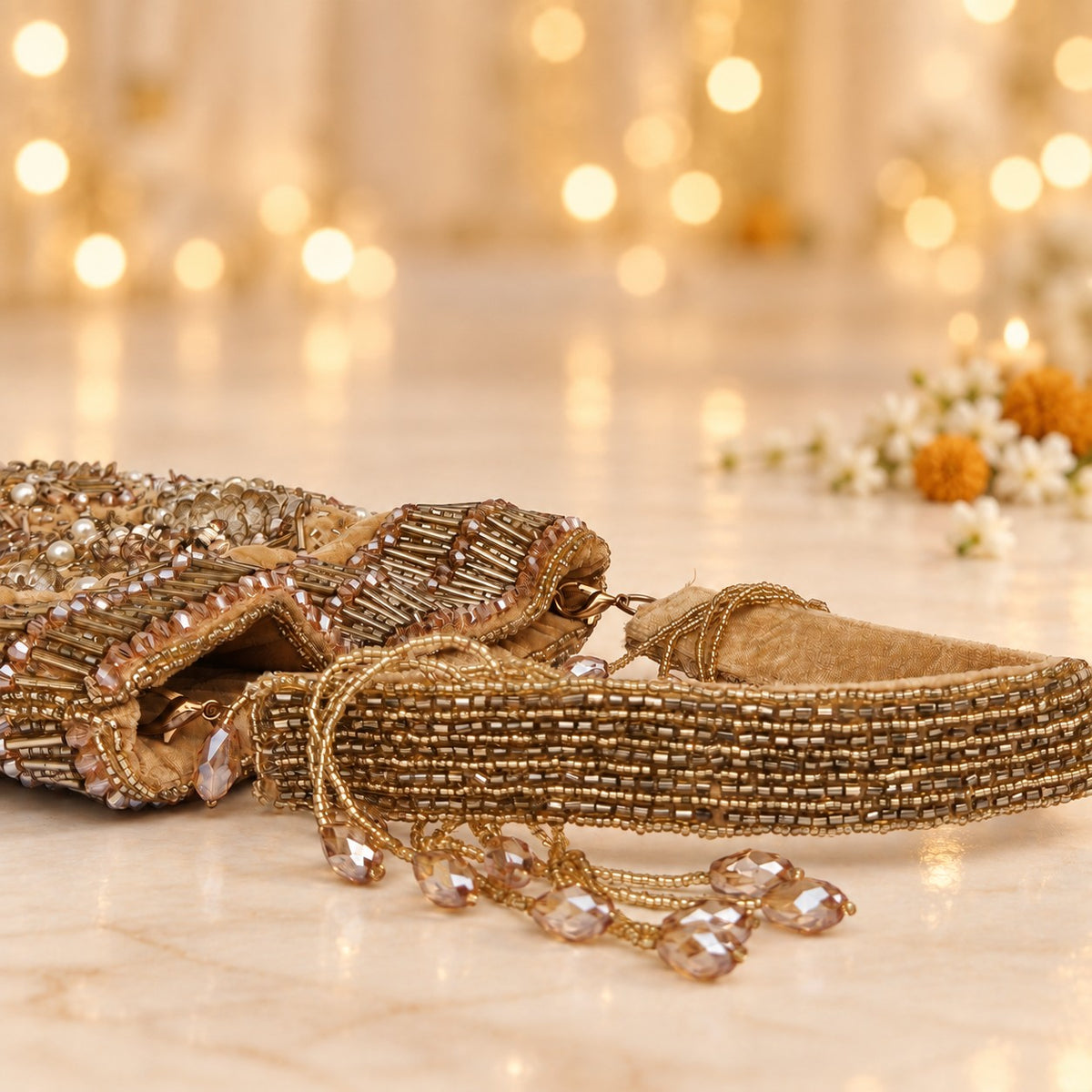 Golden Floral Beaded Bridal Potli