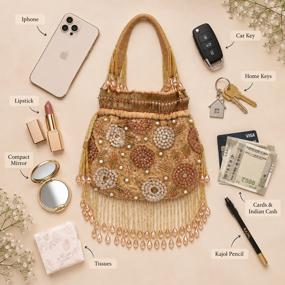 Golden Floral Beaded Bridal Potli