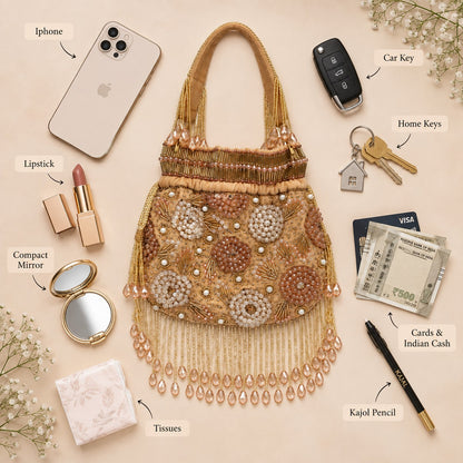 Golden Floral Beaded Bridal Potli