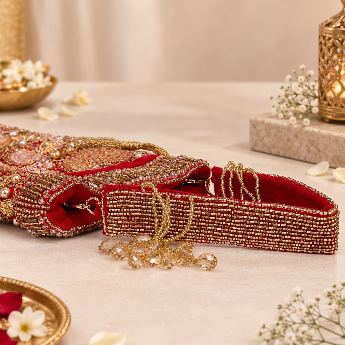 Red Floral Beaded Bridal potli