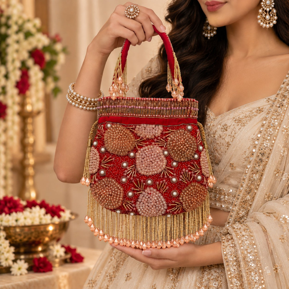 Red Floral Beaded Bridal potli