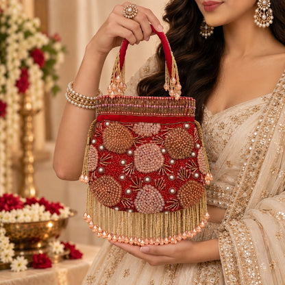 Red Floral Beaded Bridal potli