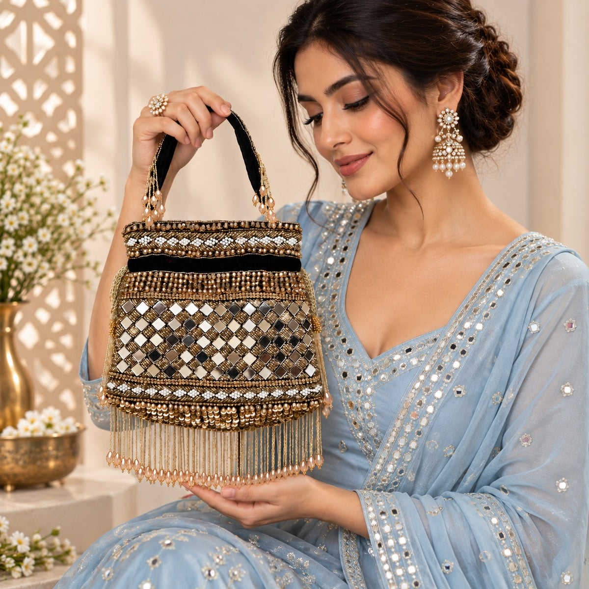 Black and Gold Mirror work Potli