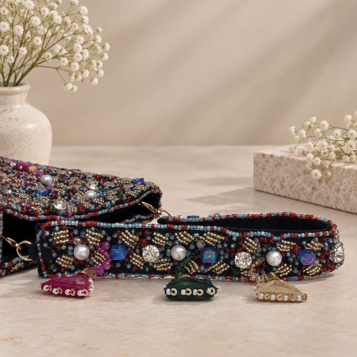 Embellished Black Beaded Potli