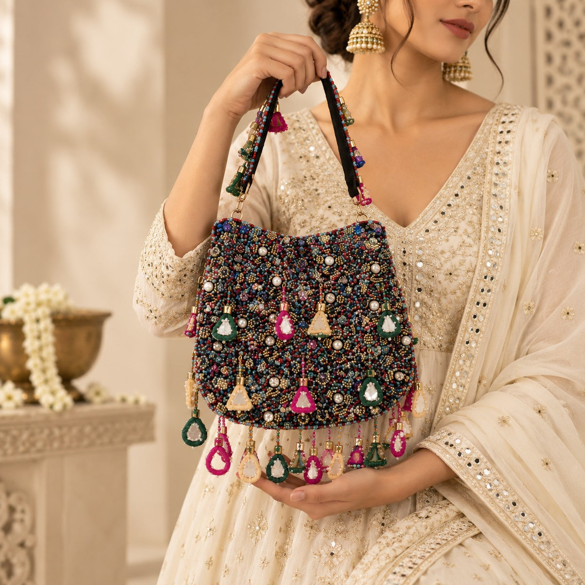 Embellished Black Beaded Potli