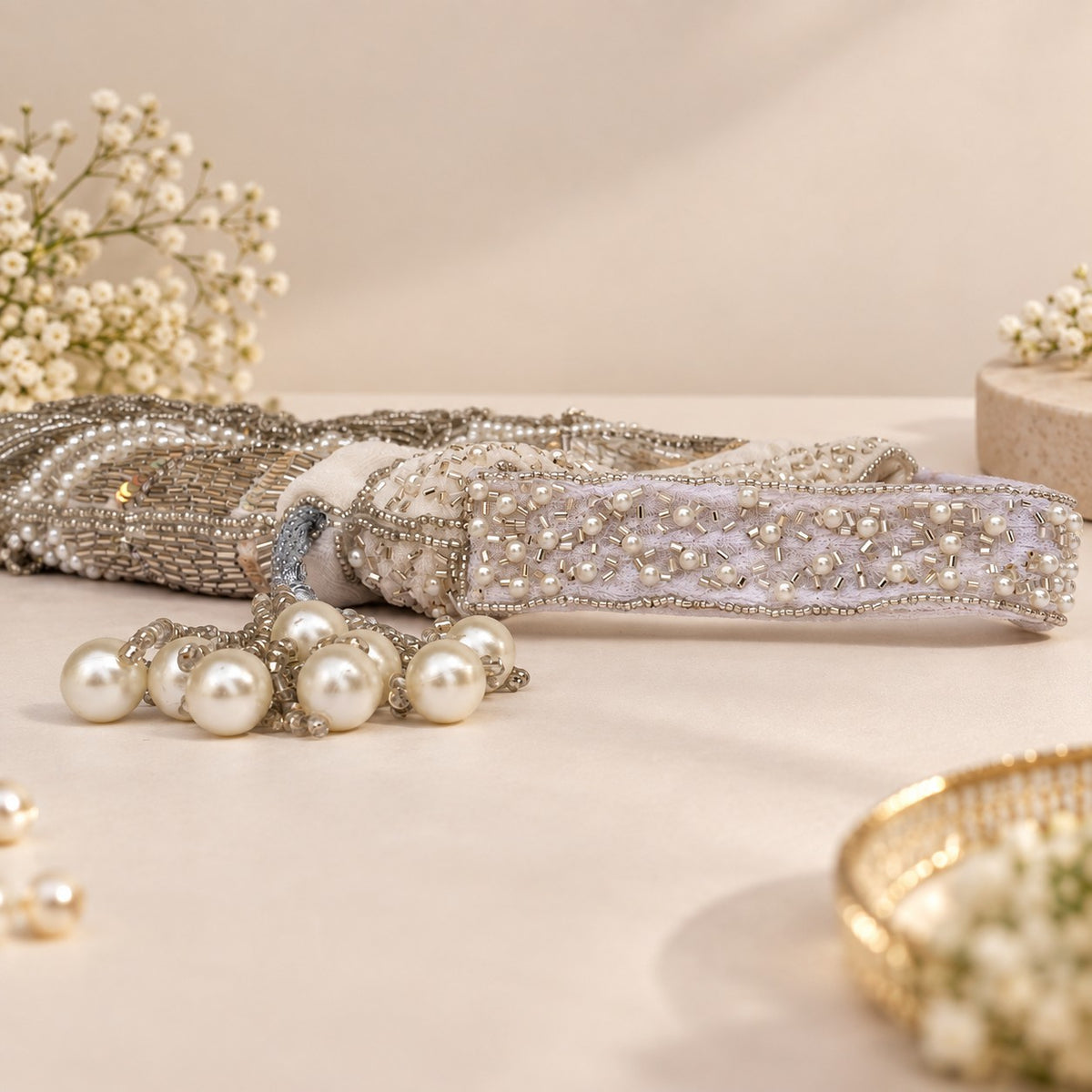 Silver Sequin and Pearl Fringe Potli