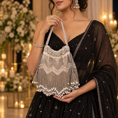 Silver Sequin and Pearl Fringe Potli