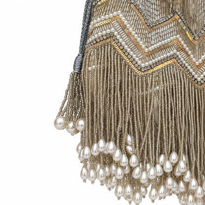 Silver Sequin and Pearl Fringe Potli