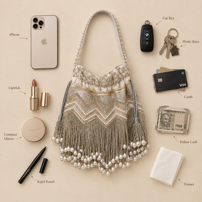 Silver Sequin and Pearl Fringe Potli