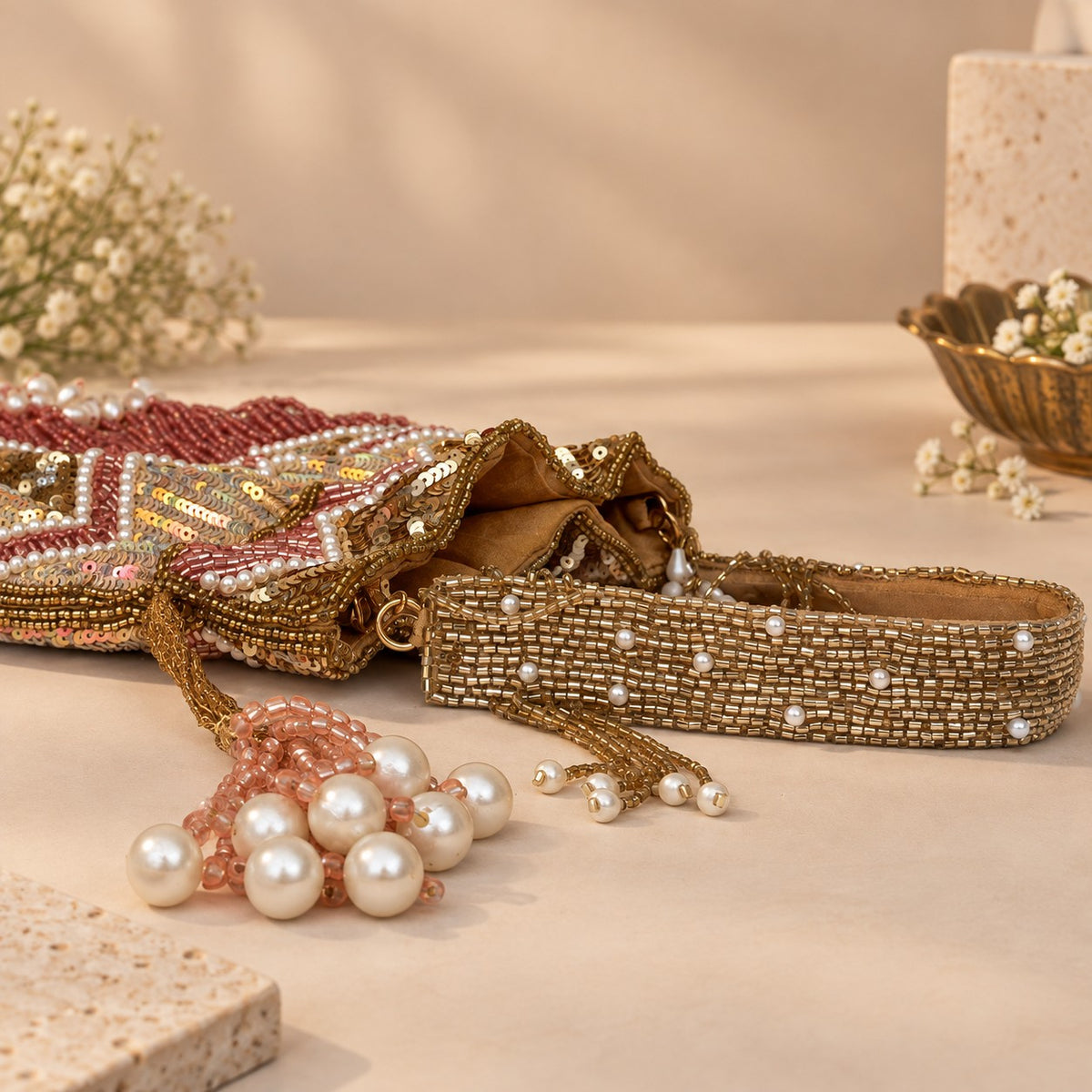 Rose gold Sequin and Pearl Fringe Potli