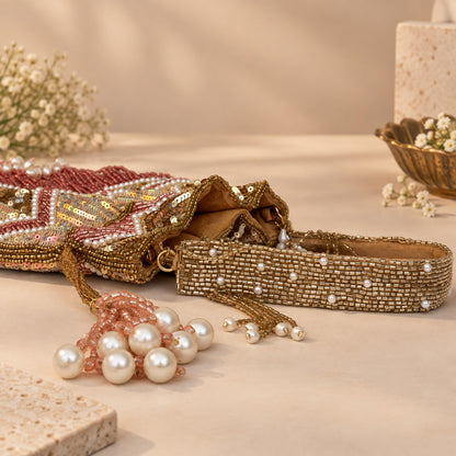 Rose gold Sequin and Pearl Fringe Potli
