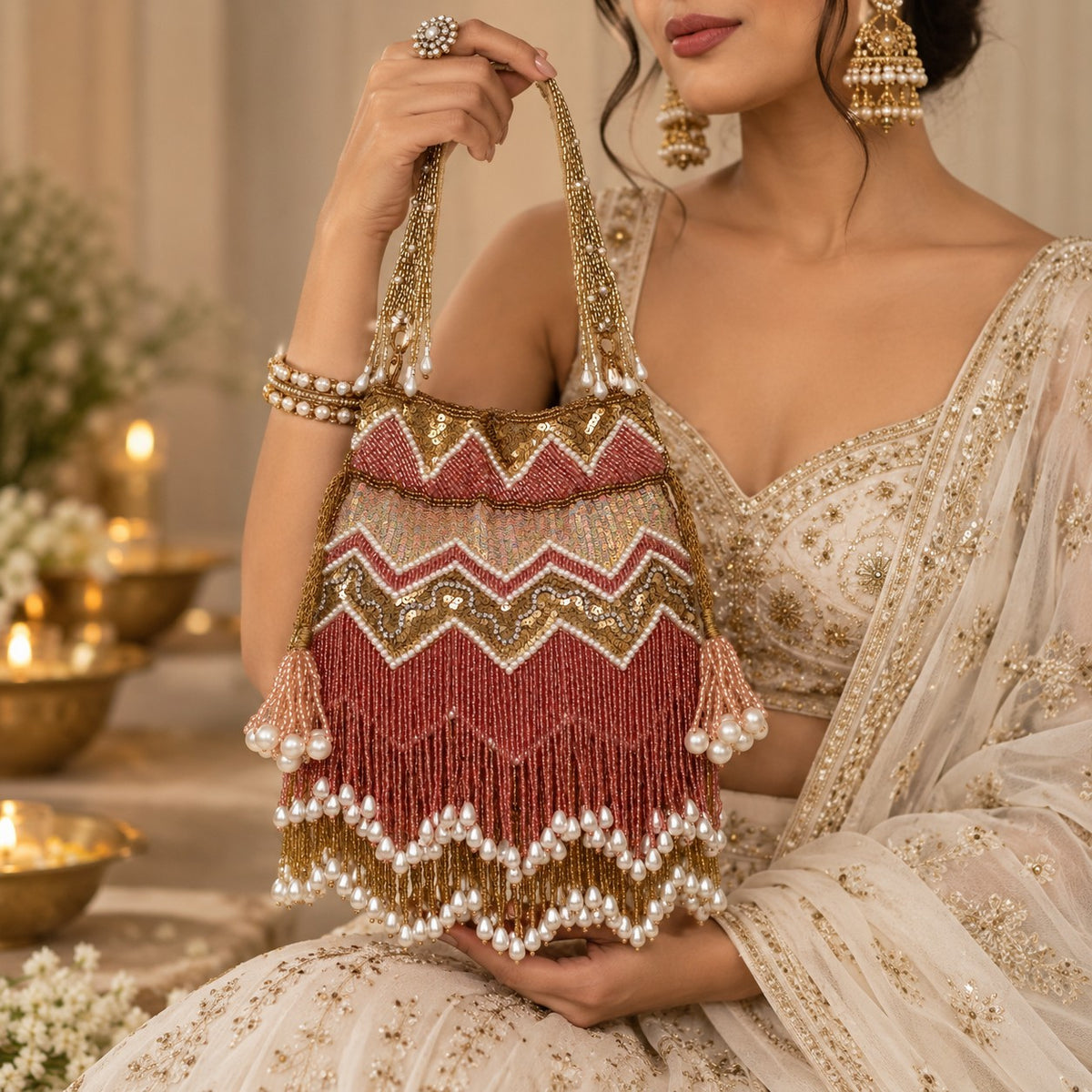 Rose gold Sequin and Pearl Fringe Potli