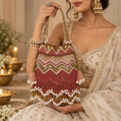 Rose gold Sequin and Pearl Fringe Potli