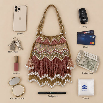 Rose gold Sequin and Pearl Fringe Potli