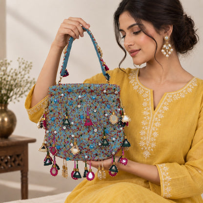 Embellished Turquoise Beaded Potli